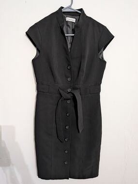 Calvin Klein Black Cap-Sleeve Button-Front Sheath Dress with Self-Tie Waist